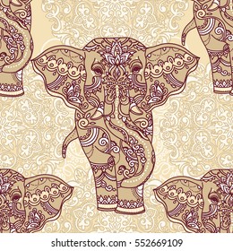 Seamless pattern with indian elephants and beautiful paisley ornament, vector illustration