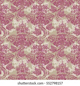 Seamless pattern with indian elephants and beautiful paisley ornament, vector illustration