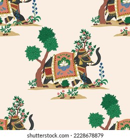 Seamless pattern with Indian elephants and decorative elements. Vector