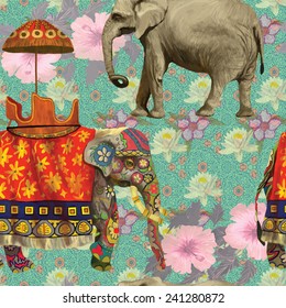 Seamless pattern with Indian elephants and flowers. Hand drawn vector.