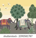 Seamless pattern with Indian elephants with palm tree and decorative elements. Vector