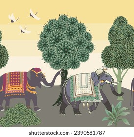 Seamless pattern with Indian elephants with palm tree and decorative elements. Vector