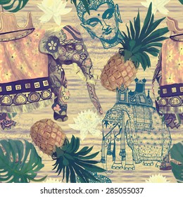 Seamless pattern with Indian elephants, pineapples and Buddha head. Hand drawn vector. Vintage style.