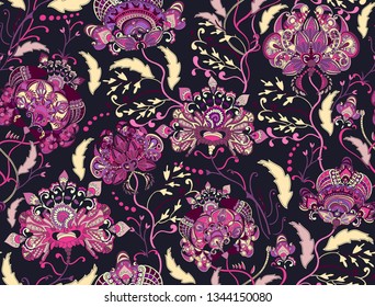 Seamless pattern. Indian ethnic big ornamental flowers. Trend textile print. For womenswear, interior decor.