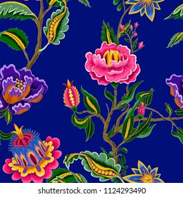 Seamless pattern with Indian ethnic ornament elements. Folk flowers and leaves for print or embroidery. Vector illustration.