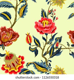 Seamless pattern with Indian ethnic ornament elements. Folk flowers and leaves for print or embroidery. 