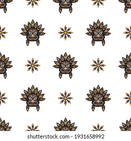 Seamless pattern with Indian faces. A head with feathers in the Polynesian style. Good for prints. Isolated, vector 