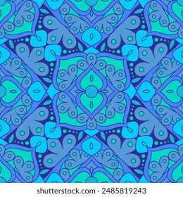 Seamless pattern with Indian floral ornament for fabric swatch or wrapping paper. Vector vivid abstract kaleidoscopic background