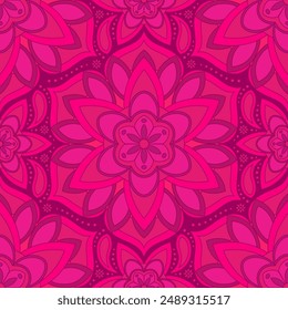 Patrón sin costuras con adorno floral indio para muestra de tela o papel de envoltura. Vector vívido abstracto caleidoscópico de fondo