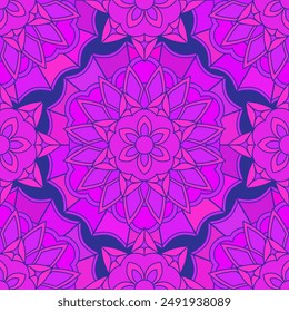Seamless pattern with Indian floral ornament for fabric swatch or wrapping paper. Vector vivid abstract kaleidoscopic background