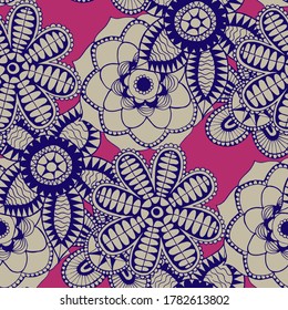 Patrón sin foco con flores indias. Textura étnica para textiles, lino, tela, bañador. Grandes Flores Brillantes. Reportaje en colores de moda
