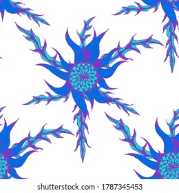 Seamless Pattern with Indian Flowers. Ethnic Texture for Textile, Linen, Cloth, Swimwear. Big Bright Flowers. Rapport in Trendy Colors. Chrisanthemum, Astra, Thistle