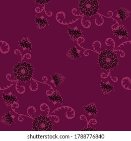 Patrón sin foco con flores indias. Textura étnica para textiles, lino, tela, bañador. Grandes Flores Brillantes. Reportaje en colores de moda. Crisantemo, Astra, silbido al estilo inglés.