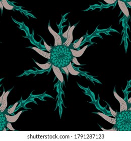 Seamless Pattern with Indian Flowers. Ethnic Texture for Textile, Linen, Cloth, Swimwear. Big Bright Flowers. Rapport in Trendy Colors. Chrisanthemum, Astra, Thistle