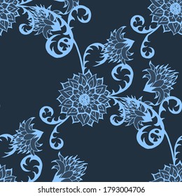 Seamless Pattern with Indian Flowers. Ethnic Texture for Textile, Linen, Cloth, Swimwear. Big Bright Flowers. Rapport in Trendy Colors. Chrisanthemum, Astra, Thistle in English Style.