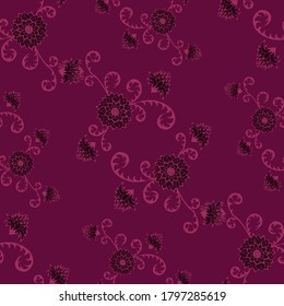 Seamless Pattern with Indian Flowers. Ethnic Texture for Textile, Linen, Cloth, Swimwear. Big Bright Flowers. Rapport in Trendy Colors. Chrisanthemum, Astra, Thistle in English Style.