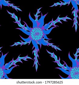 Seamless Pattern with Indian Flowers. Ethnic Texture for Textile, Linen, Cloth, Swimwear. Big Bright Flowers. Rapport in Trendy Colors. Chrisanthemum, Astra, Thistle