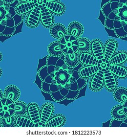 Nahtlose Muster mit indischen Blumen. Ethnische Textur für Textilien, Leinen, Tuch, Schuhe. Große helle Blumen. Bericht in trendigen Farben