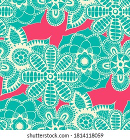 Patrón sin foco con flores indias. Textura étnica para textiles, lino, tela, bañador. Grandes Flores Brillantes. Reportaje en colores de moda