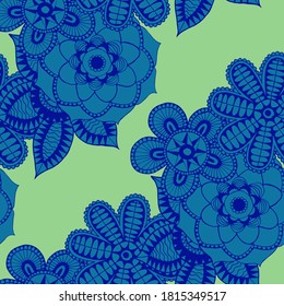 Seamless Pattern with Indian Flowers. Ethnic Texture for Textile, Linen, Cloth, Swimwear. Big Bright Flowers. Rapport in Trendy Colors