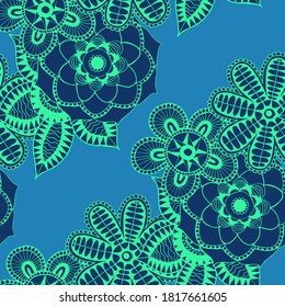 Seamless Pattern with Indian Flowers. Ethnic Texture for Textile, Linen, Cloth, Swimwear. Big Bright Flowers. Rapport in Trendy Colors