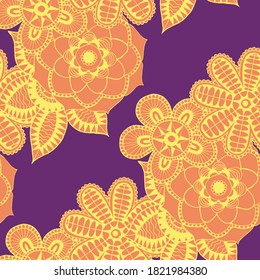 Patrón sin foco con flores indias. Textura étnica para textiles, lino, tela, bañador. Grandes Flores Brillantes. Reportaje en colores de moda