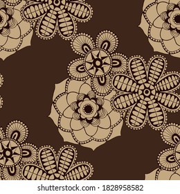 Seamless Pattern with Indian Flowers. Ethnic Texture for Textile, Linen, Cloth, Swimwear. Big Bright Flowers. Rapport in Trendy Colors
