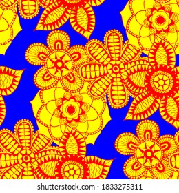 Seamless Pattern with Indian Flowers. Ethnic Texture for Textile, Linen, Cloth, Swimwear. Big Bright Flowers. Rapport in Trendy Colors