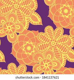 Patrón sin foco con flores indias. Textura étnica para textiles, lino, tela, bañador. Grandes Flores Brillantes. Reportaje en colores de moda