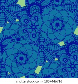 Seamless Pattern with Indian Flowers. Ethnic Texture for Textile, Linen, Cloth, Swimwear. Big Bright Flowers. Rapport in Trendy Colors