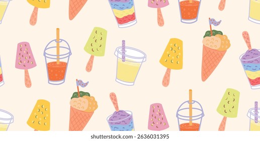 Seamless pattern with Indian frozen desserts and drinks. Kulfi, Ice Gola, Sugarcane Juice, fruit smoothie. Hand drawn colorful vector illustration on light background for wrapping or textile