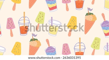 Seamless pattern with Indian frozen desserts and drinks. Kulfi, Ice Gola, Sugarcane Juice, fruit smoothie. Hand drawn colorful vector illustration on light background for wrapping or textile