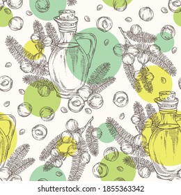 Seamless pattern with indian gooseberry, amla: berries and bottle of amla oil. Vector hand drawn illustration