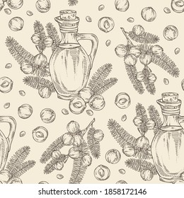 Seamless pattern with indian gooseberry, amla: berries and bottle of amla oil. Vector hand drawn illustration