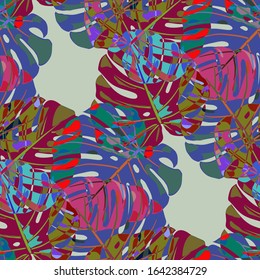Seamless Pattern with Indian Jungle. Modern Colorful Texture with Tropical Leaves for Wallpaper, Swimwear, Underwear. Vector Tropical Pattern.