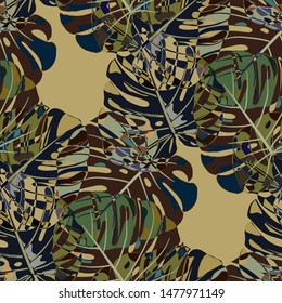Seamless Pattern with Indian Jungle. Retro Colorful Texture with Tropical Leaves for Fabric, Textile, Linen. Vector Tropical Pattern.
