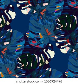 Seamless Pattern with Indian Jungle. Retro Colorful Texture with Tropical Leaves for Paper, Swimwear, Textile. Vector Tropical Pattern.