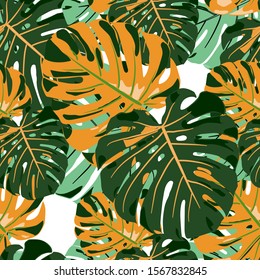 Seamless Pattern with Indian Jungle. Retro Colorful Texture with Tropical Leaves for Dress, Swimwear, Cloth. Vector Tropical Pattern.