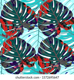Seamless Pattern with Indian Jungle. Retro Colorful Texture with Tropical Leaves for Print, Textile, Linen. Vector Tropical Pattern.