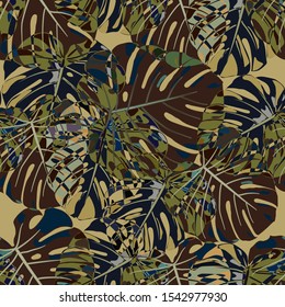 Seamless Pattern with Indian Jungle. Trendy Colorful Texture with Tropical Leaves for Print, Textile, Linen. Vector Tropical Pattern.