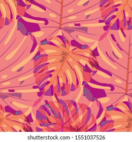 Seamless Pattern with Indian Jungle. Trendy Colorful Texture with Tropical Leaves for Paper, Wallpaper, Textile. Vector Tropical Pattern.