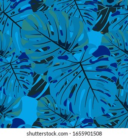 Seamless Pattern with Indian Jungle. Trendy Colorful Texture with Tropical Leaves for Print, Swimwear, Underwear. Vector Tropical Pattern.