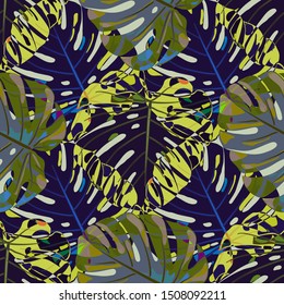 Seamless Pattern with Indian Jungle. Vintage Colorful Texture with Tropical Leaves for Fabric, Wallpaper, Textile. Vector Tropical Pattern.
