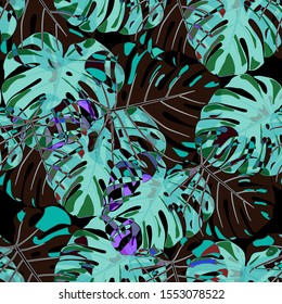 Seamless Pattern with Indian Jungle. Vintage Colorful Texture with Tropical Leaves for Fabric, Wallpaper, Textile. Vector Tropical Pattern.