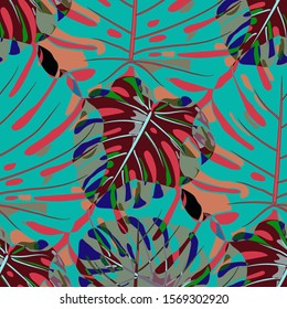 Seamless Pattern with Indian Jungle. Vintage Colorful Texture with Tropical Leaves for Fabric, Wallpaper, Textile. Vector Tropical Pattern.