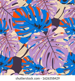Seamless Pattern with Indian Jungle. Vintage Colorful Texture with Tropical Leaves for Fabric, Wallpaper, Linen. Vector Tropical Pattern.