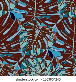 Seamless Pattern with Indian Jungle. Vintage Colorful Texture with Tropical Leaves for Paper, Swimwear, Cloth. Vector Tropical Pattern.
