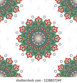 Seamless pattern with indian mandala ornament made of paisley floral motifs