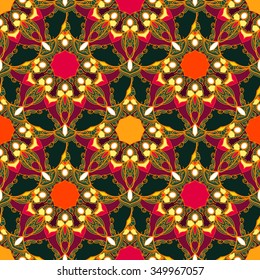 Seamless pattern with indian ornament. Symmetric floral elements. Deep green, red, orange colors