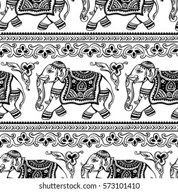seamless pattern Indian ornamental elephants and tribal ethnic ornaments